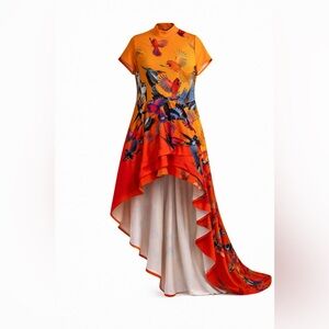Vibrant Bird-Print High-Low Dress
